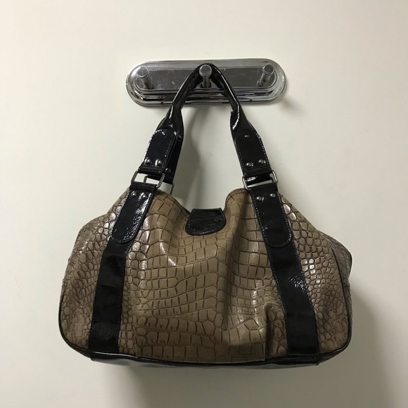 Nice Tan Reptile Textured Black Shine Accent Bag! - Picture 2 of 15
